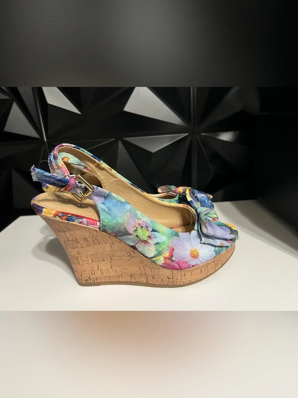 CL by Laundry Floral Bow Slingback Wedge Sandals in Multicolor